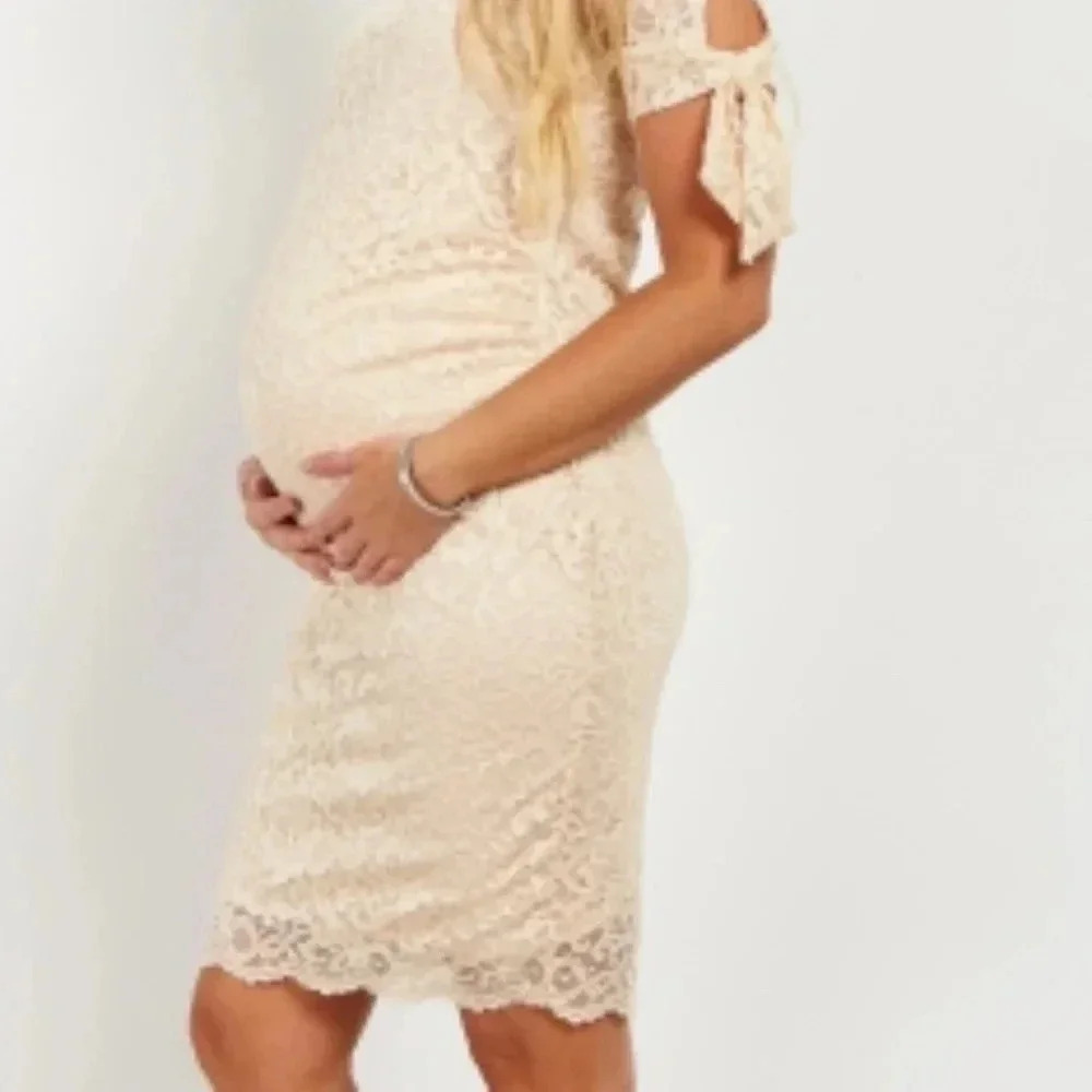 NEW*PinkBlush Beige Lace Overlay Sleeve Tie‎ Dress - Picture 5 of 7